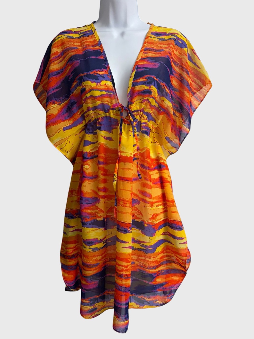 Josa Tulum Kaftan-Style Tunic Top All-Around Drawstring Tie Swim Cover-up O/S